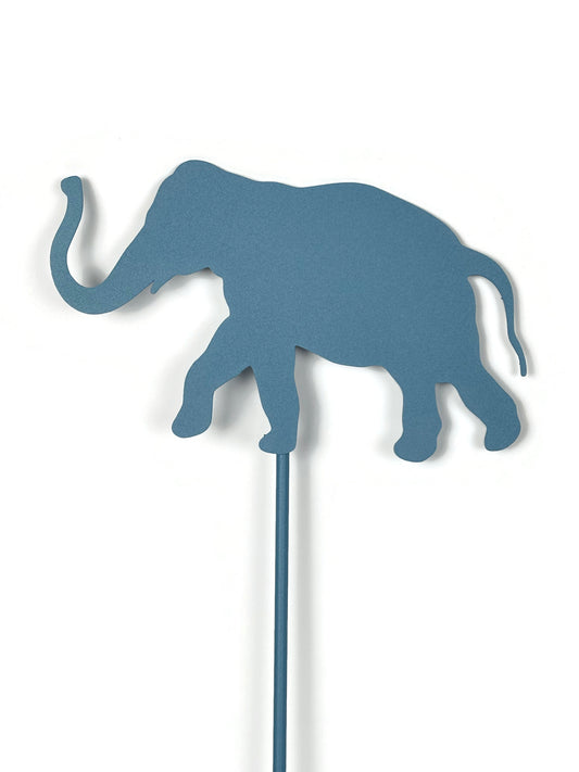 Elephant shaped metal garden stake in light blue powder coat finish