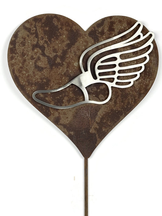 Track Shoe with Wings Metal Garden Stake Heart Memorial 23 Inches Tall