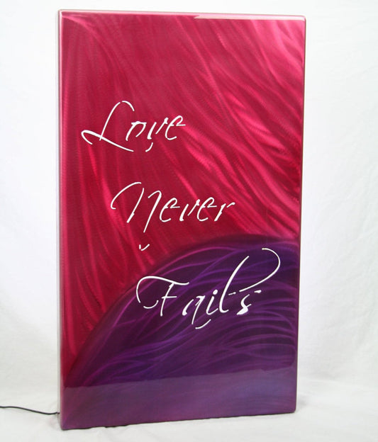 Love never fails pink and purple airbrushed aluminum wall art panel with backlighting