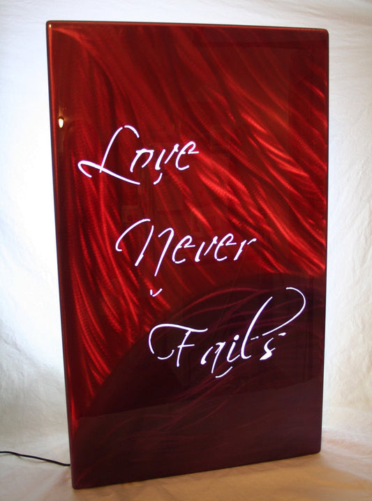 Love never fails airbrushed aluminum wall art panel with backlighting