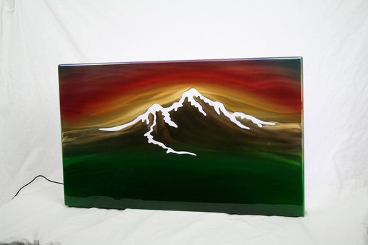 Mountain sunset airbrushed aluminum wall art with backlighting