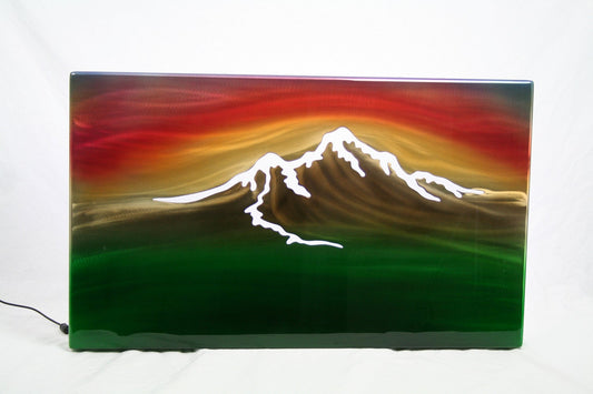 Mountain sunset airbrushed aluminum wall art with backlighting
