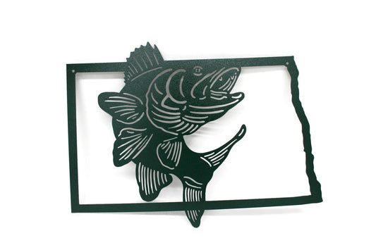 North Dakota-shaped metal wall art with a jumping walleye in hammered dark green powder coat