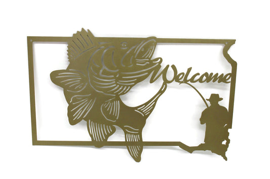 South Dakota-shaped metal wall art with Welcome text, a jumping walleye, and fisherman with fishing pole in matte gold powder coat