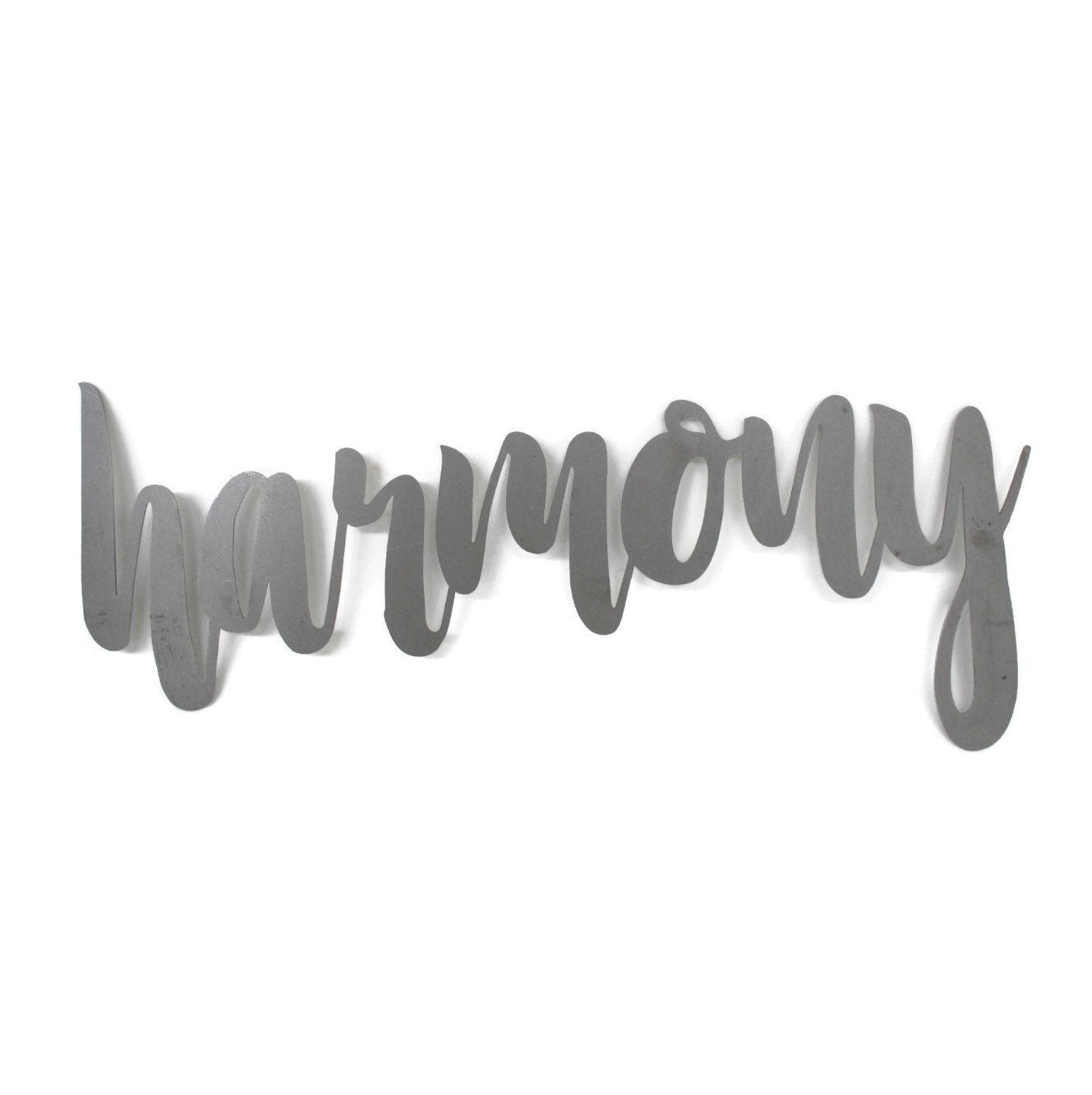 harmony metal script word sign in raw steel