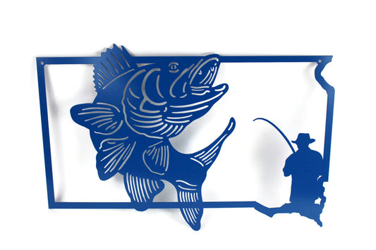 South Dakota-shaped metal wall art with a jumping walleye and fisherman with fishing pole in blue powder coat