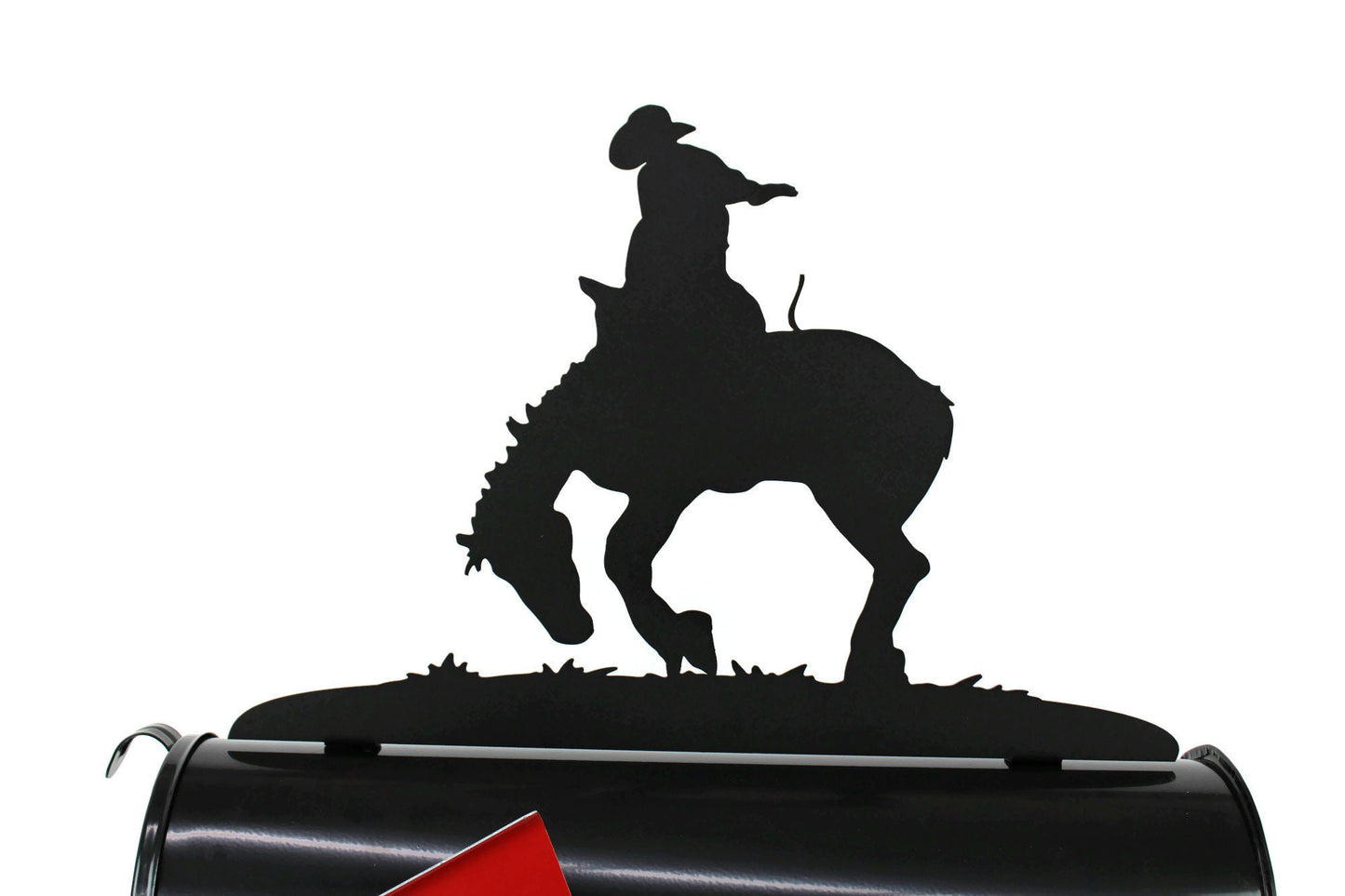 Black bucking rodeo bronco mailbox topper installed on a mailbox