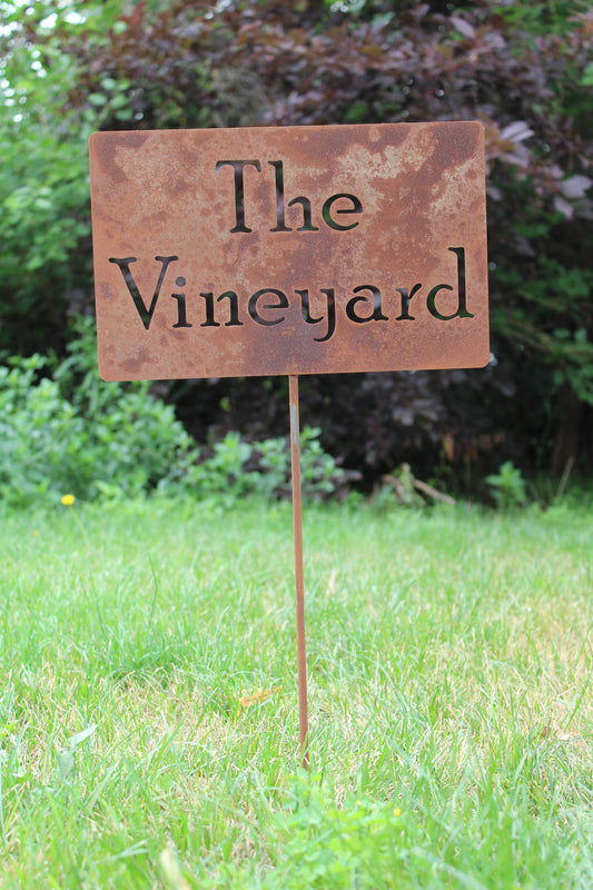 The Vineyard rusty garden stake sign