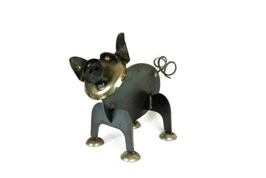 Raw steel pig garden statue with curly tail
