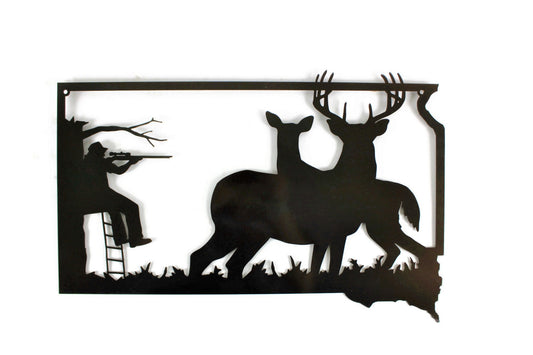 South Dakota shaped metal wall art with deer and a hunter in a treestand in black powder coat
