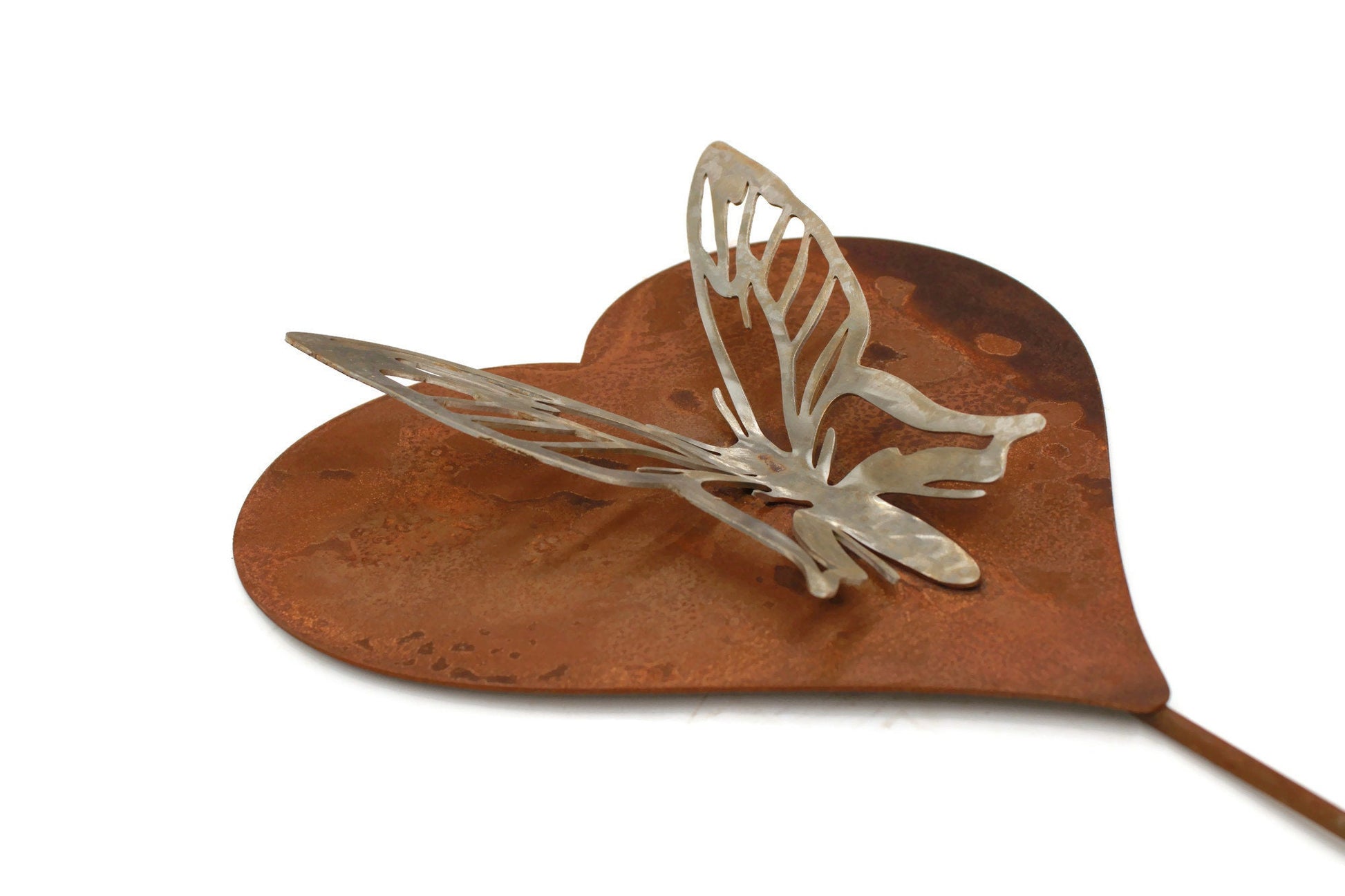 Rusty metal heart-shaped stake with stainless steel butterfly garden stake