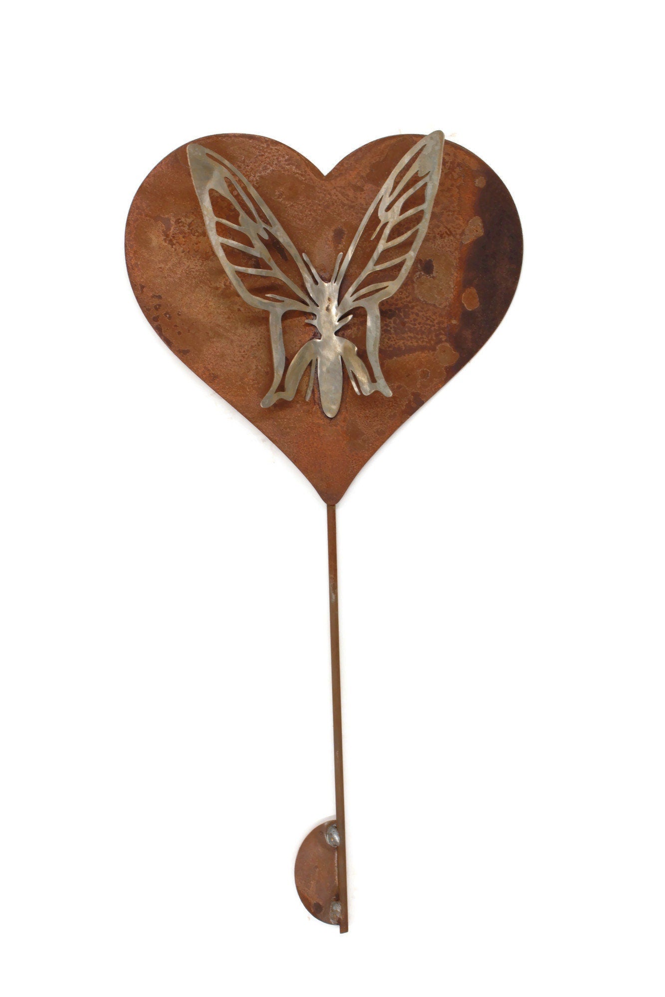 Rusty metal heart-shaped stake with stainless steel butterfly garden stake