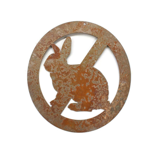 Rabbit with circle and line through it metal hanging sign in rust