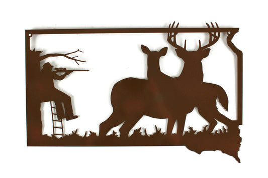South Dakota shaped metal wall art with deer and a hunter in a treestand in brown powder coat