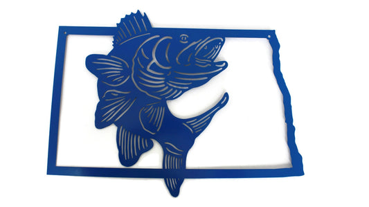 North Dakota-shaped metal wall art with a jumping walleye in blue powder coat