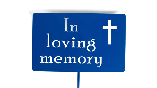 In Loving Memory with cross blue powder coat garden stake sign