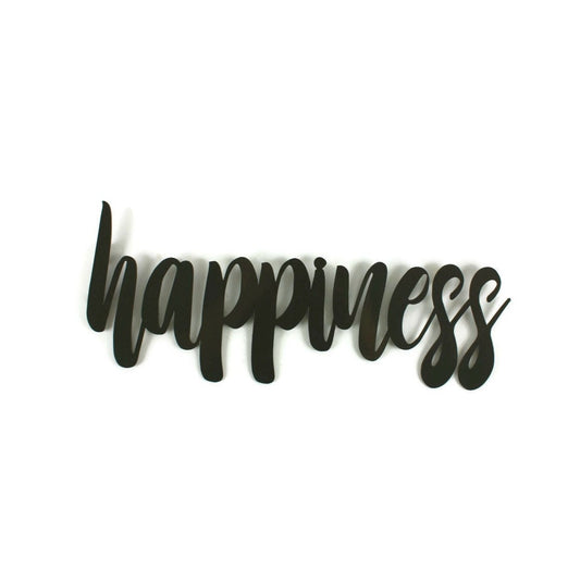 happiness metal script word sign in bronze charcoal powder coat