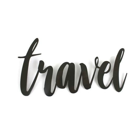 travel metal script word sign in bronze charcoal powder coat