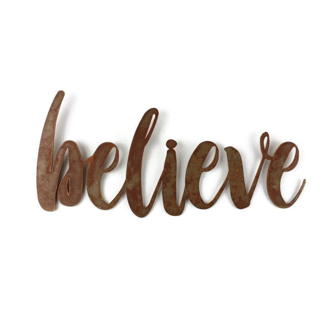believe metal script word sign in rust