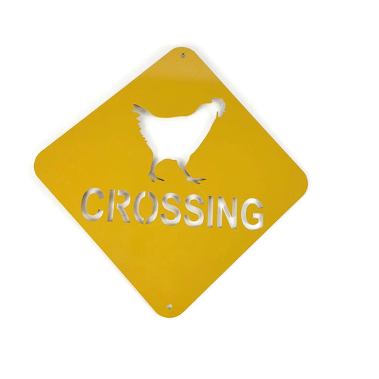 Chicken crossing hanging sign in dark yellow powder coat