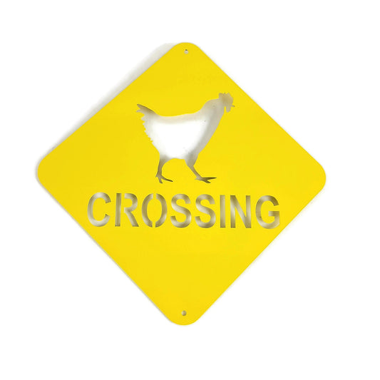 Chicken crossing hanging sign in yellow powder coat