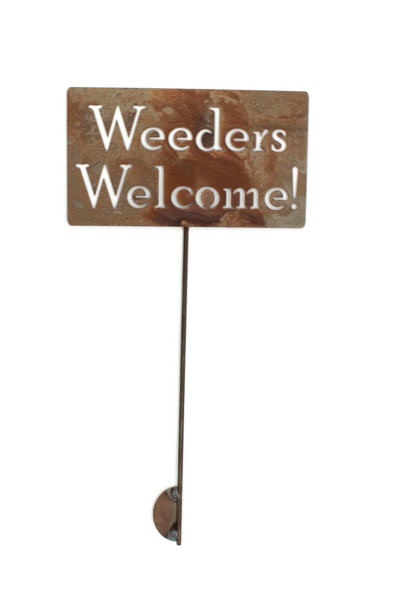 Weeders Welcome rusty garden stake sign