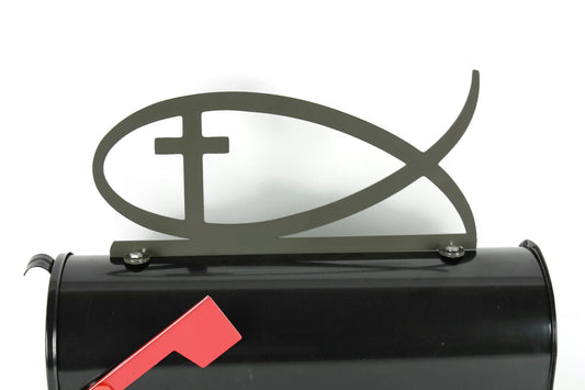 Bronze charcoal jesus fish mailbox topper installed on a mailbox.