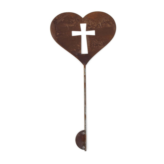 Heart shaped metal garden stake with cross