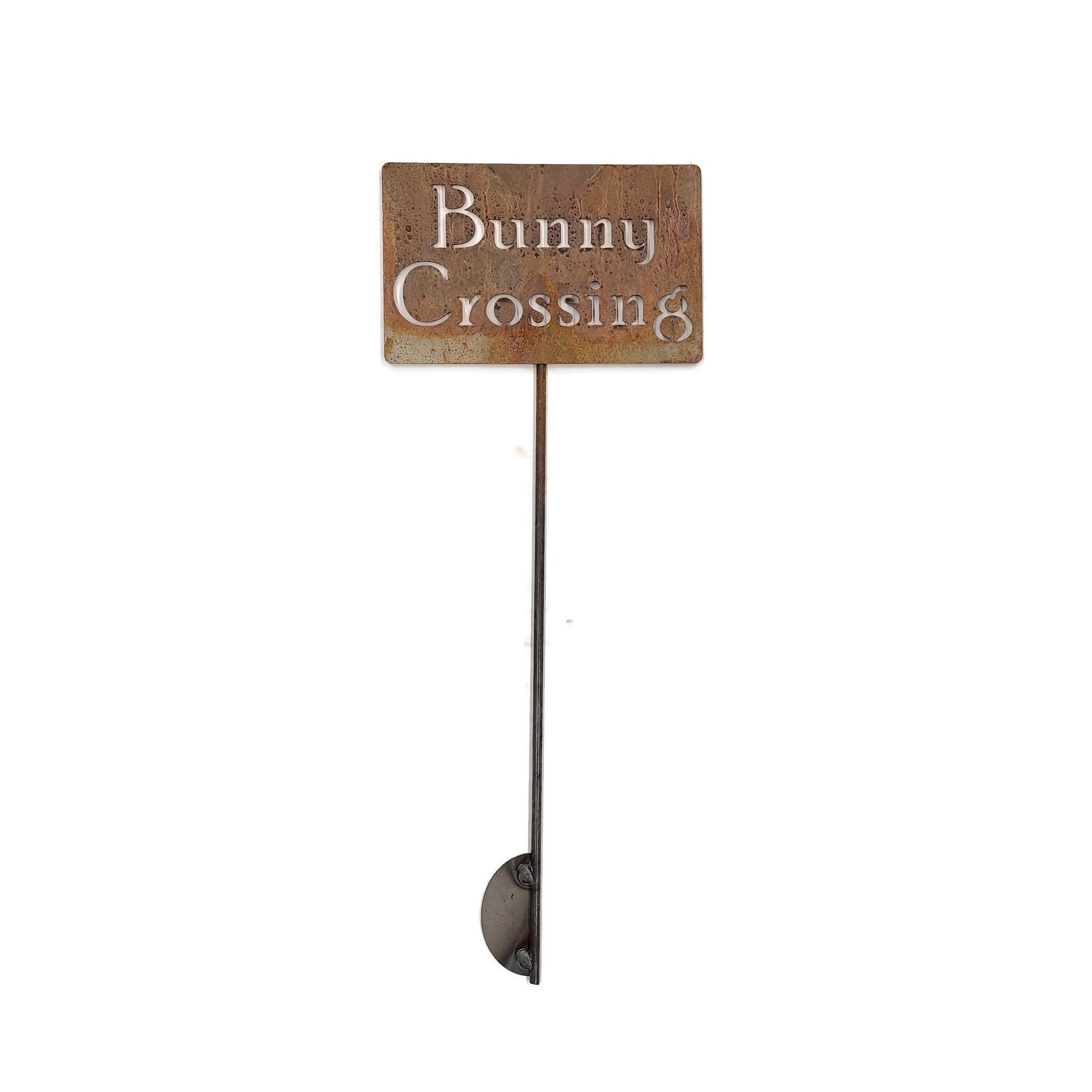 Bunny Crossing rusty garden stake sign