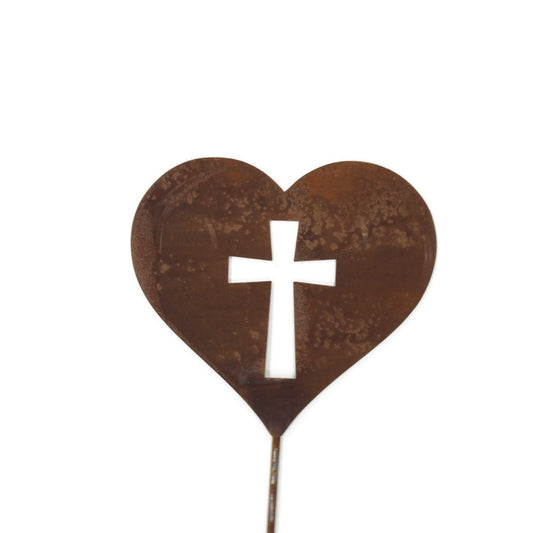 Heart shaped metal garden stake with cross