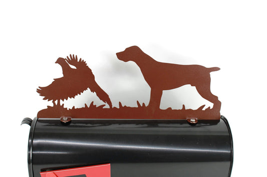 Hammered brown German Shorthair Pointer with pheasant mailbox topper installed on a mailbox