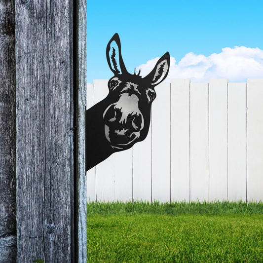 Black powder coat metal donkey head peeking around a tree