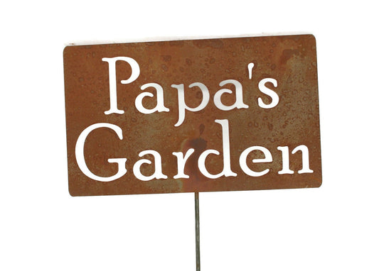 Papa's Garden rusty garden stake sign