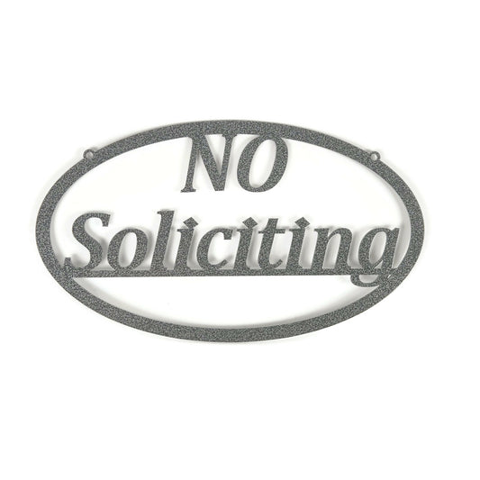 Hammered dark gray powder coat No Soliciting oval metal wall sign