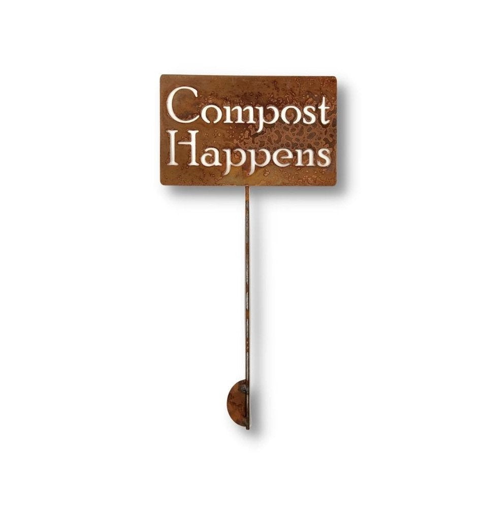 Compost Happens rusty garden stake sign