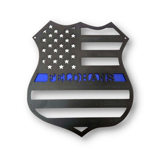 Black and blue powder coat metal police badge wall sign