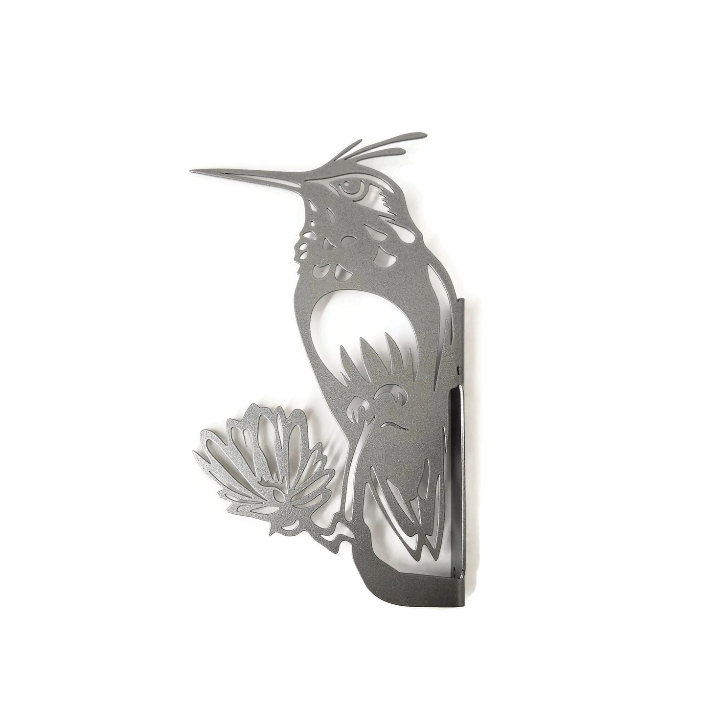 Metal hummingbird peek a boo sign in gray powder coat