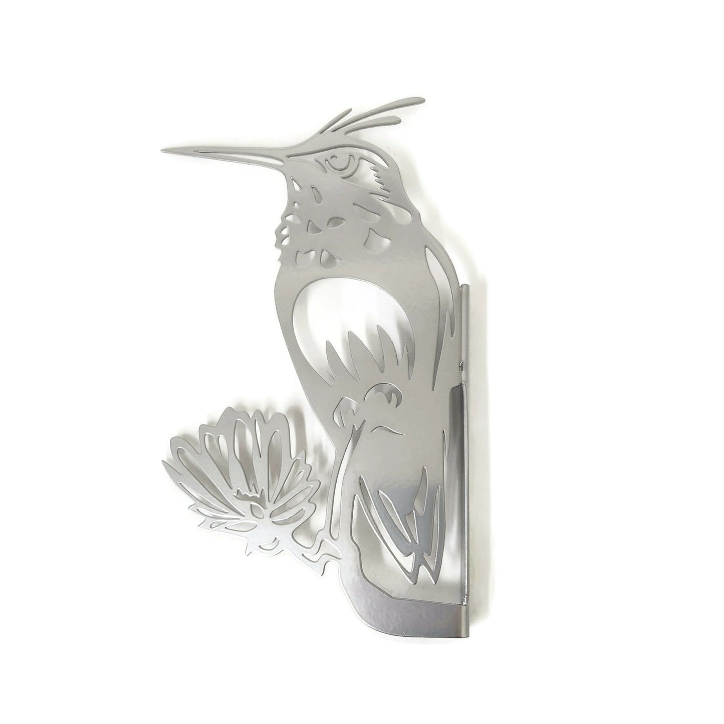 Metal hummingbird peek a boo sign in silver powder coat