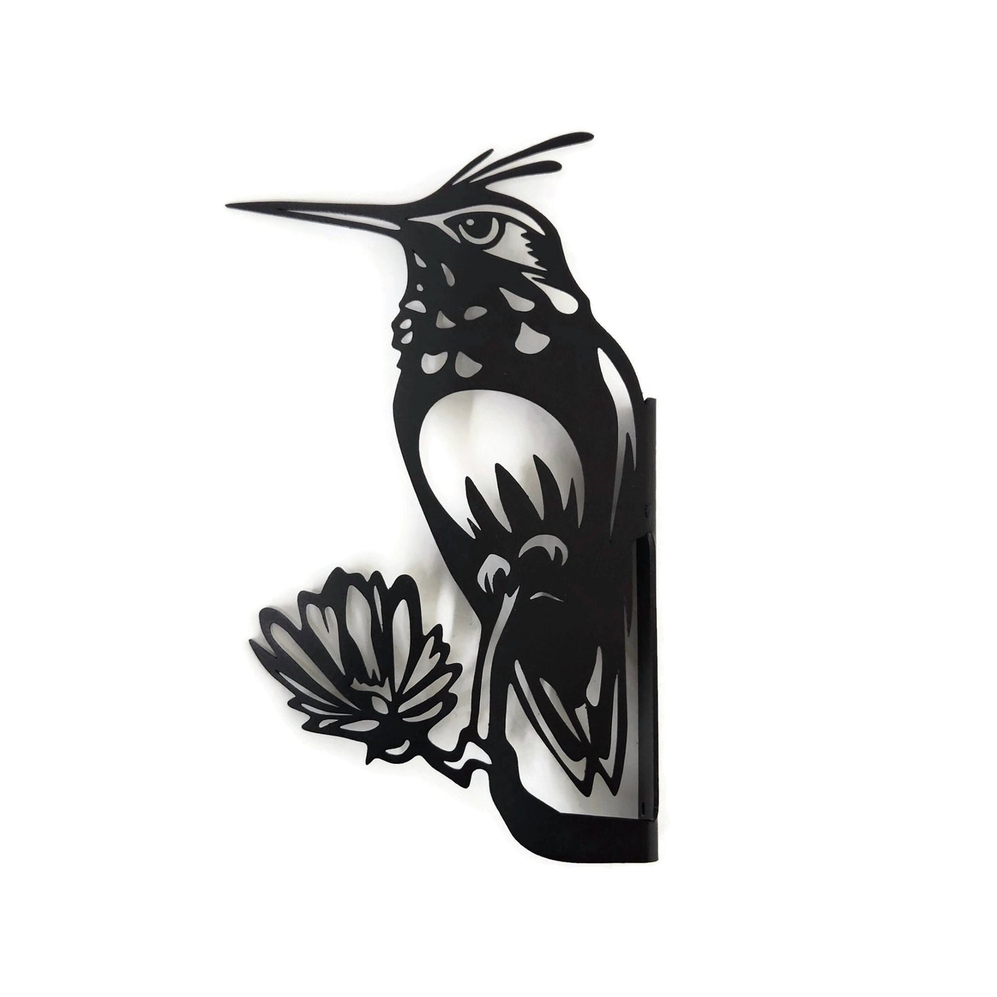 Metal hummingbird peek a boo sign in black powder coat