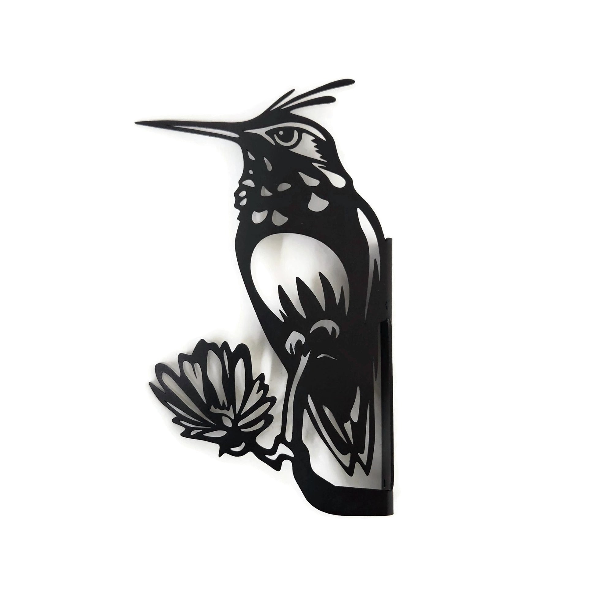 Metal hummingbird peek a boo sign in black powder coat