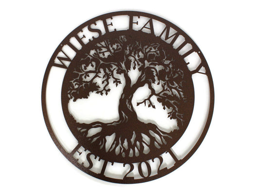 Tree of life in a circle with family name and date in hammered brown powder coat