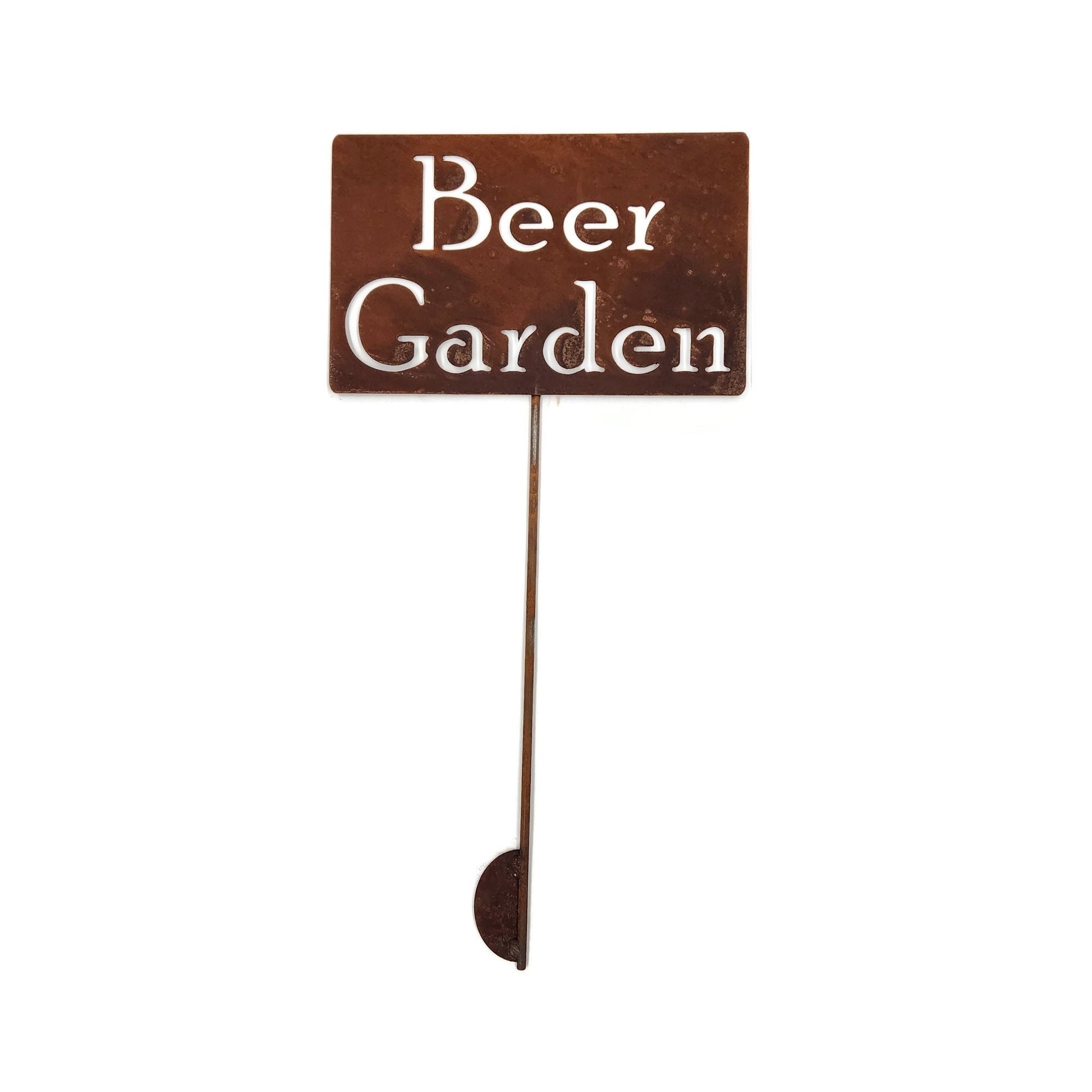 Beer Garden sign stake in naturally rusted finish