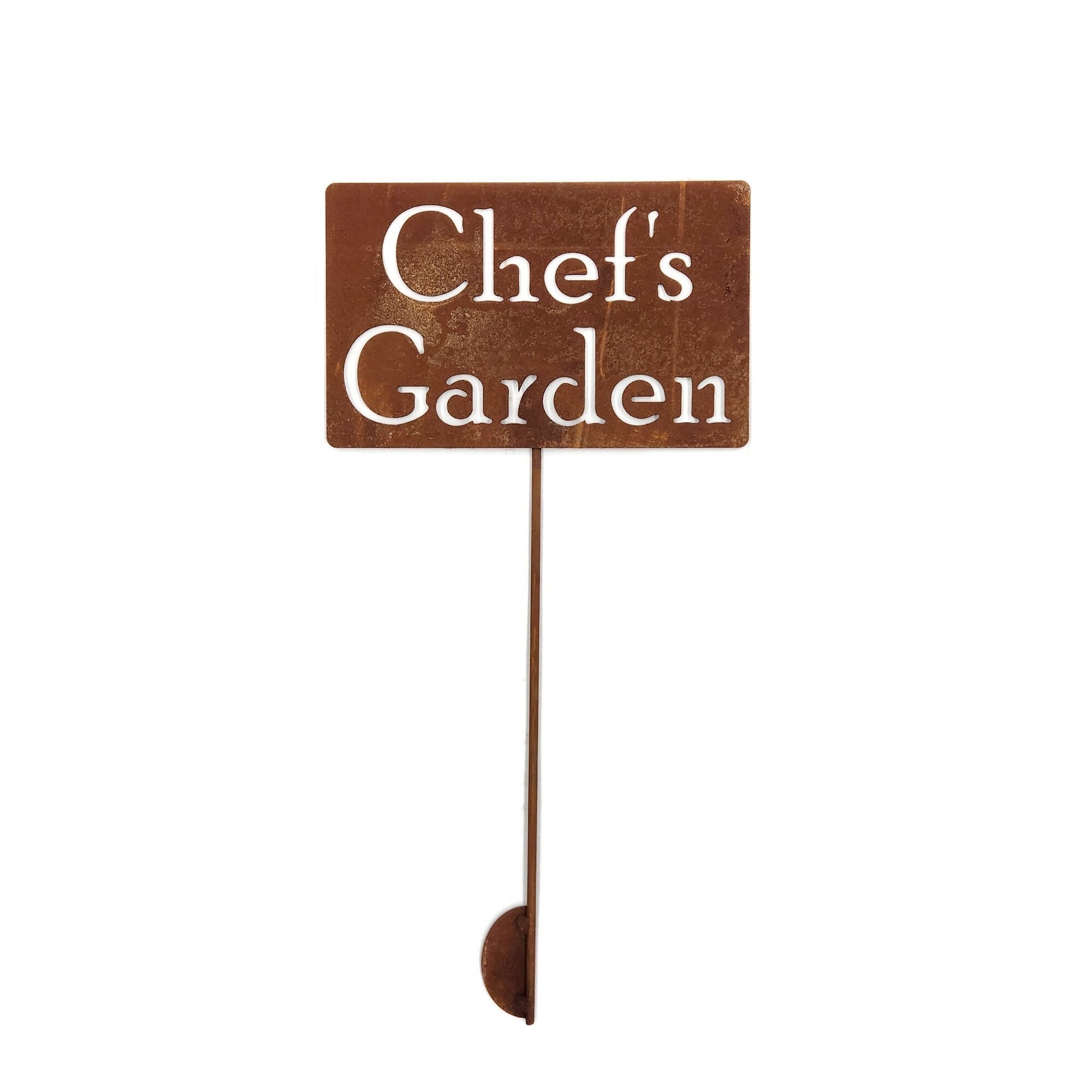 Chef's Garden sign in naturally rusted finish