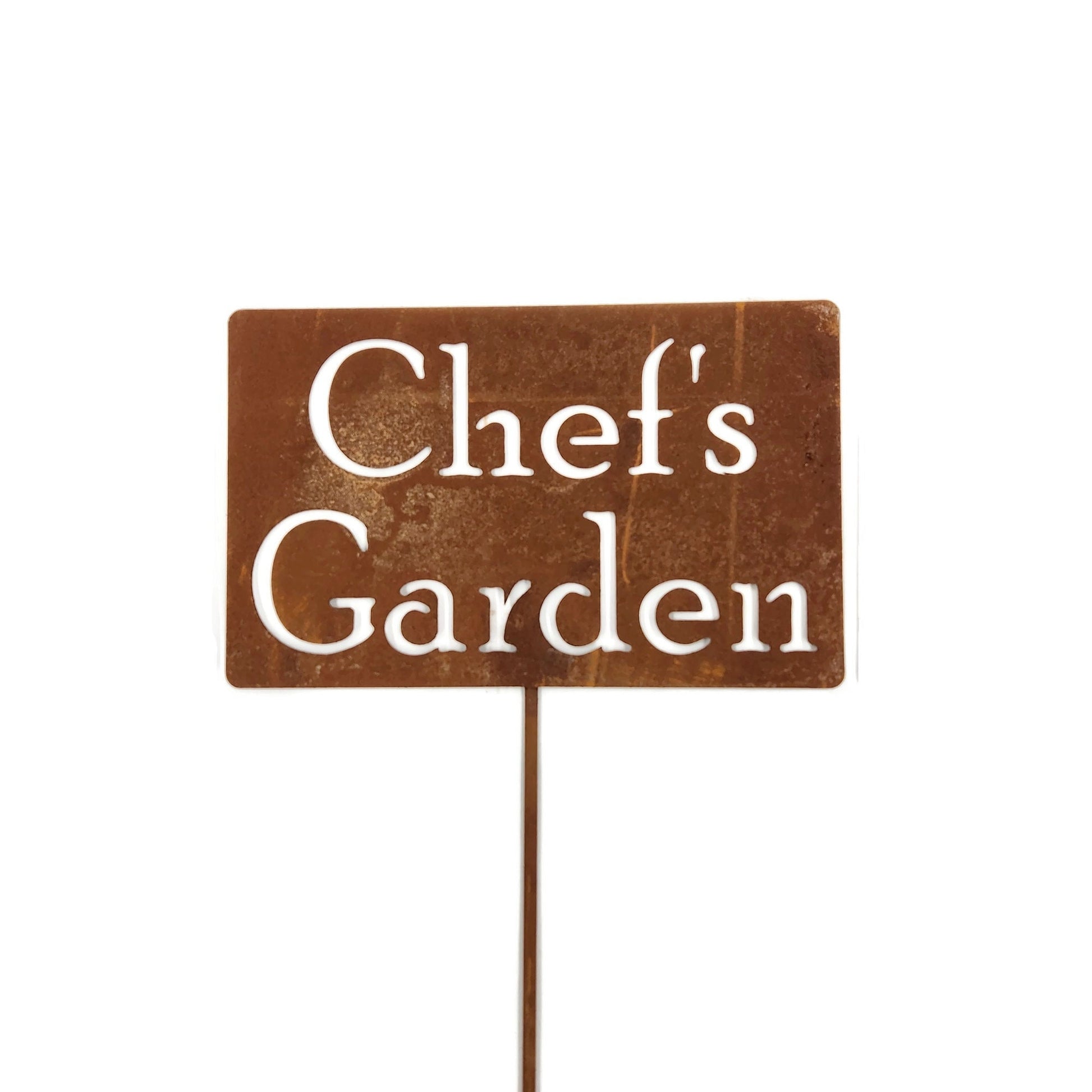 Chef's Garden rusty garden stake sign