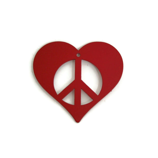 Red powder coat metal peace heart Christmas tree ornament