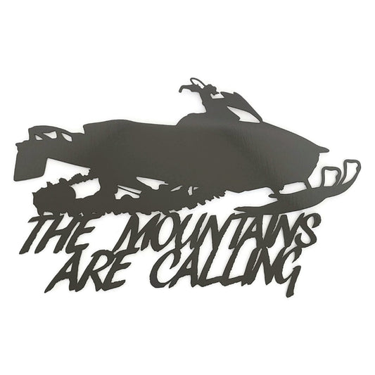 Bronze charcoal powder coat snowmobile The Mountains Are Calling metal wall sign