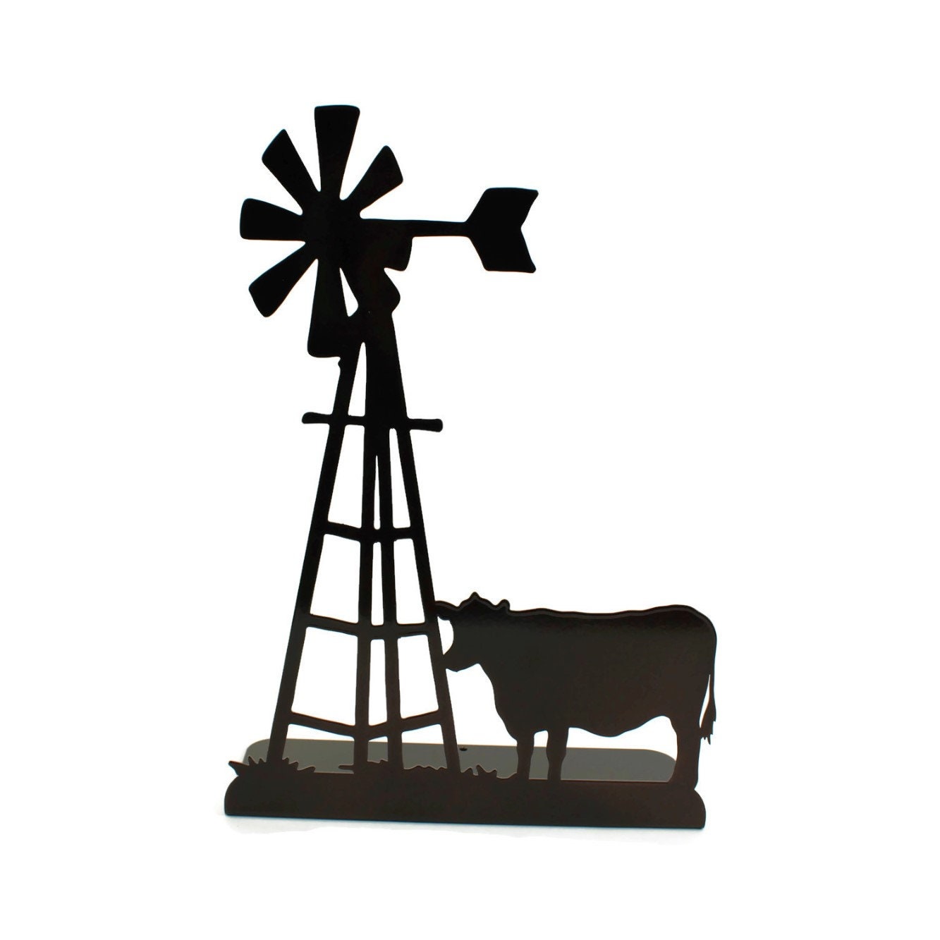 Windmill and Cow Metal Tabletop Decor 14.2 Inches Tall