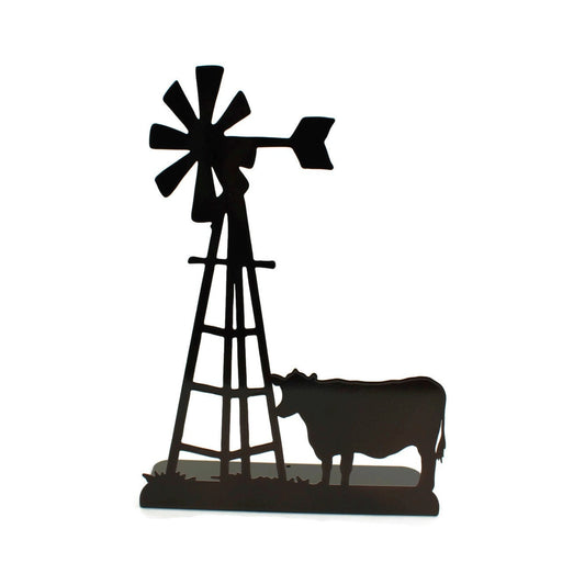 Windmill and Cow Metal Tabletop Decor 14.2 Inches Tall