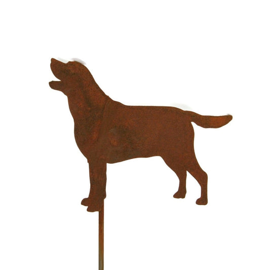 Labrador dog-shaped metal garden stake in rust