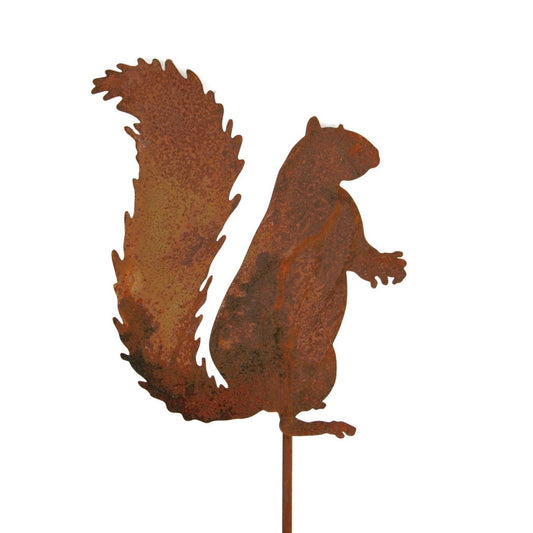 Squirrel shaped metal garden stake in rust